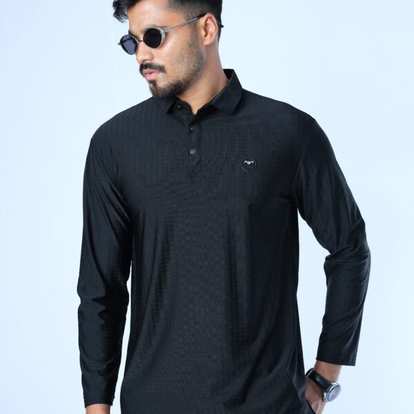 Jacquard Nylon-Spandex Full Sleeve Polo Black