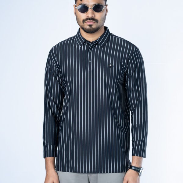 Jacquard Full Sleeve Polo Black Stripe