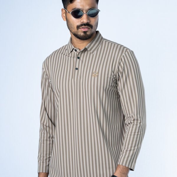 Jacquard Full Sleeve Polo Brown Stripe