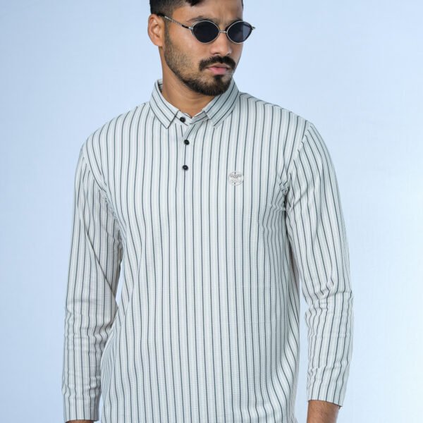 Jacquard Full Sleeve Polo Light Cream Stripe