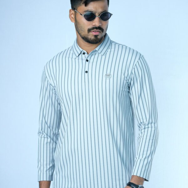 Jacquard Full Sleeve Polo Light Grey Stripe