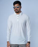 Jacquard Nylon-Spandex Full Sleeve Polo- White