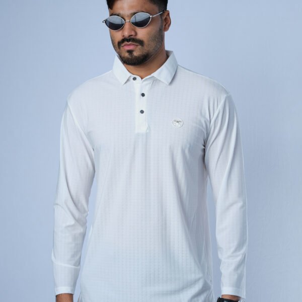 Jacquard Nylon-Spandex Full Sleeve Polo- White