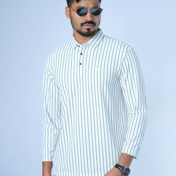 Jacquard Full Sleeve Polo White Stripe